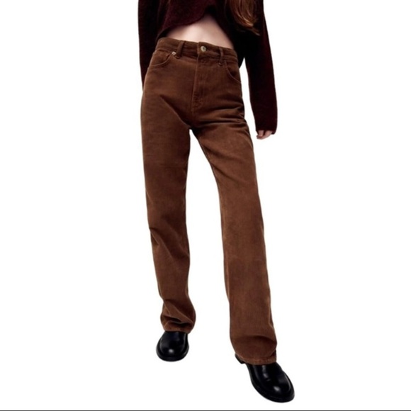 Zara Corduroy Cotton Blend Wide Straight Leg Pants Black - Picture 1 of 11